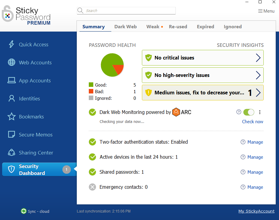 Sticky Password security dashboard