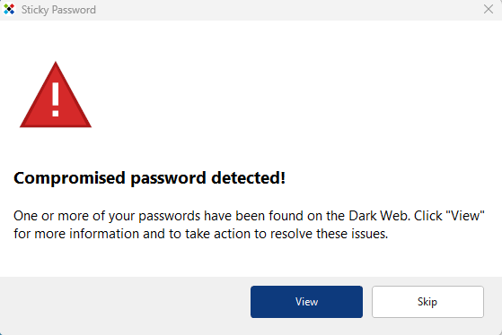 Sticky Password warning of a compromised password detected