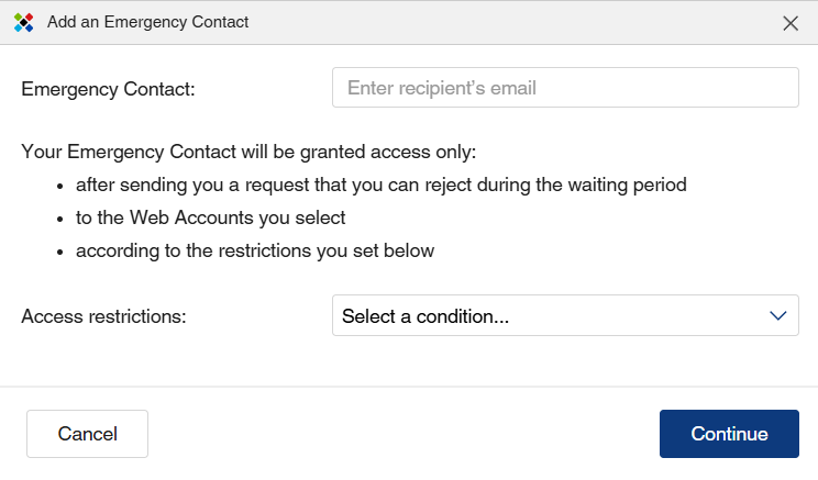 Sticky Password window to add an emergency contact