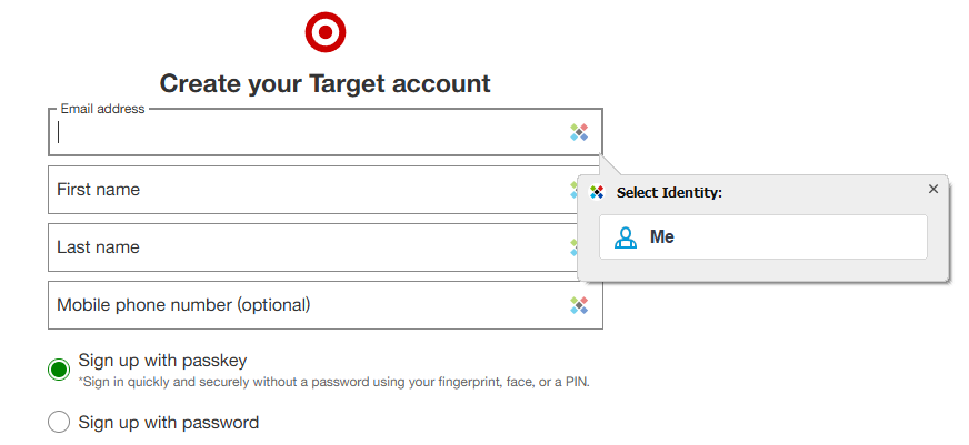 Target account creation page with a Sticky Password autofill bubble