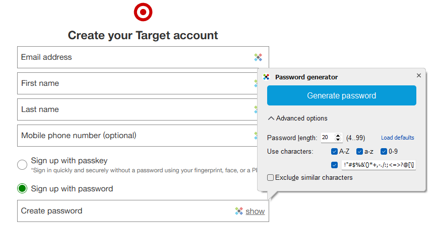 Target account creation page with the Sticky Password password generator open