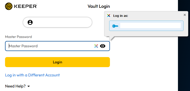 Keeper Vault login with an autofill pop-up from Sticky Password