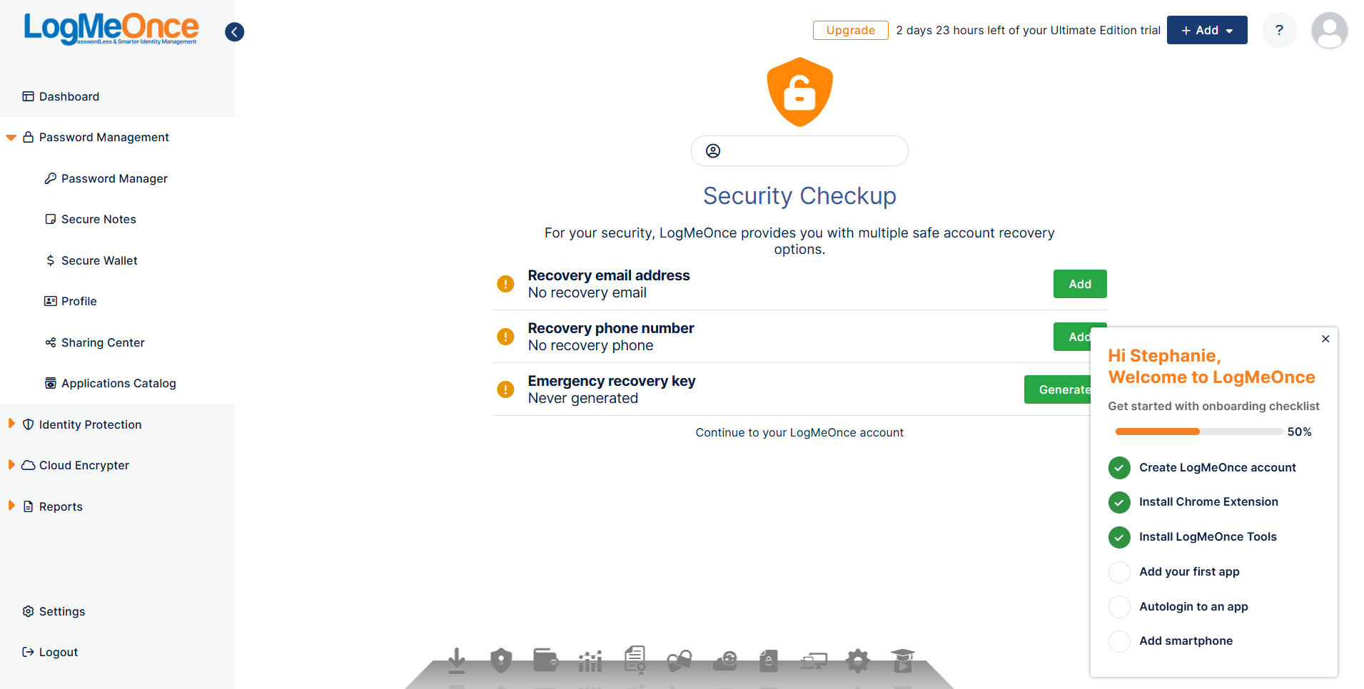 LogMeOnce web vault on security checkup page
