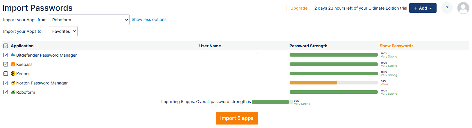 LogMeOnce import passwords page