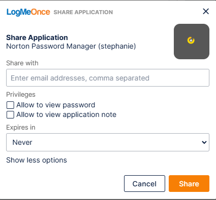 LogMeOnce pop-up to share application
