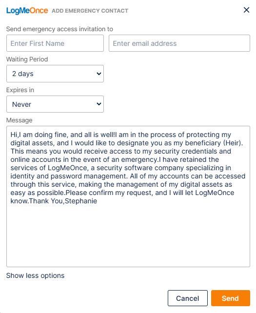 LogMeOnce window to create an emergency contact