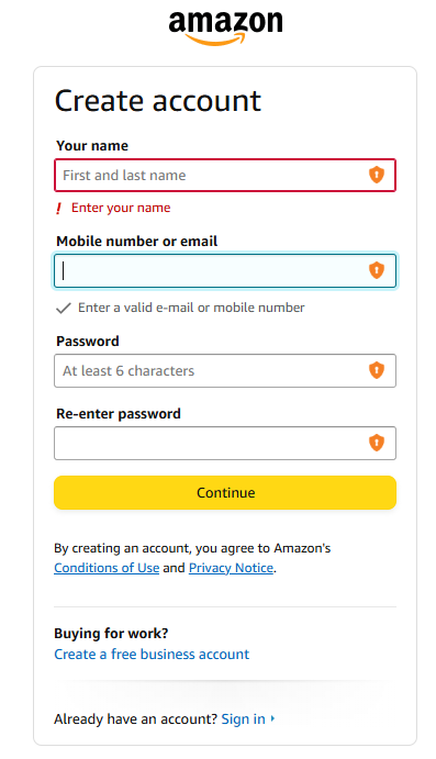 Amazon account creation page with LogMeOnce logo in each field