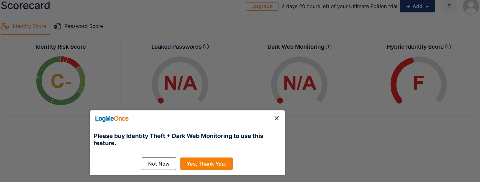 LogMeOnce scorecard with a pop-up to purchase Identity Theft + Dark Web Monitoring features