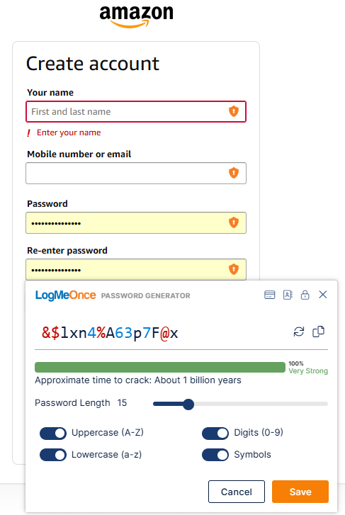 Amazon account creation page with LogMeOnce password generator open