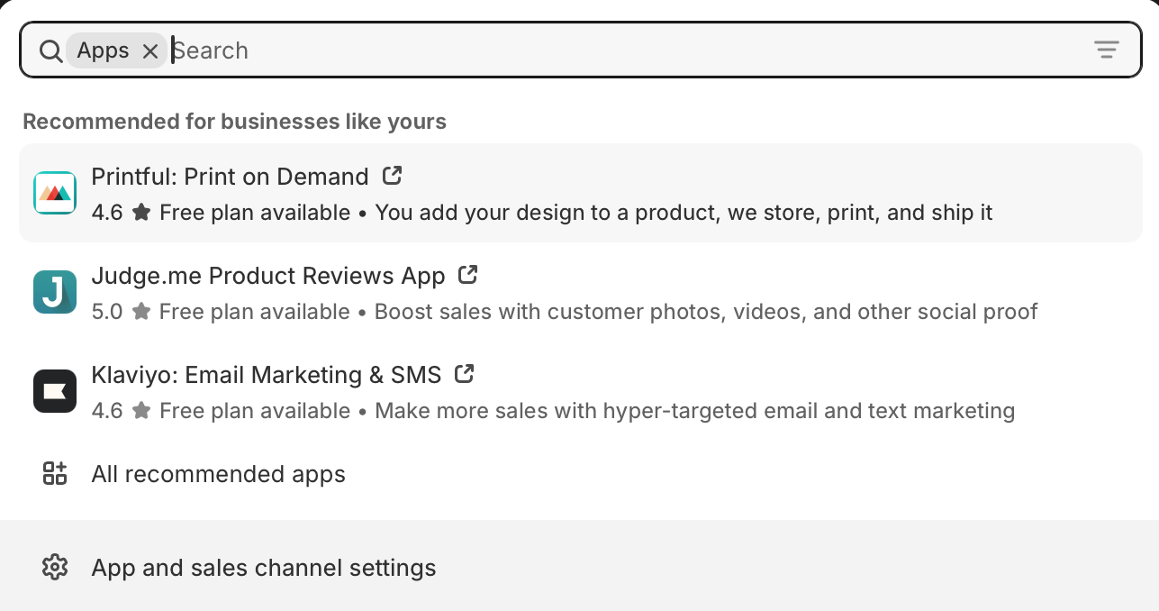 Shopify app market offers business suggestions for All About Cookies Shopify test website