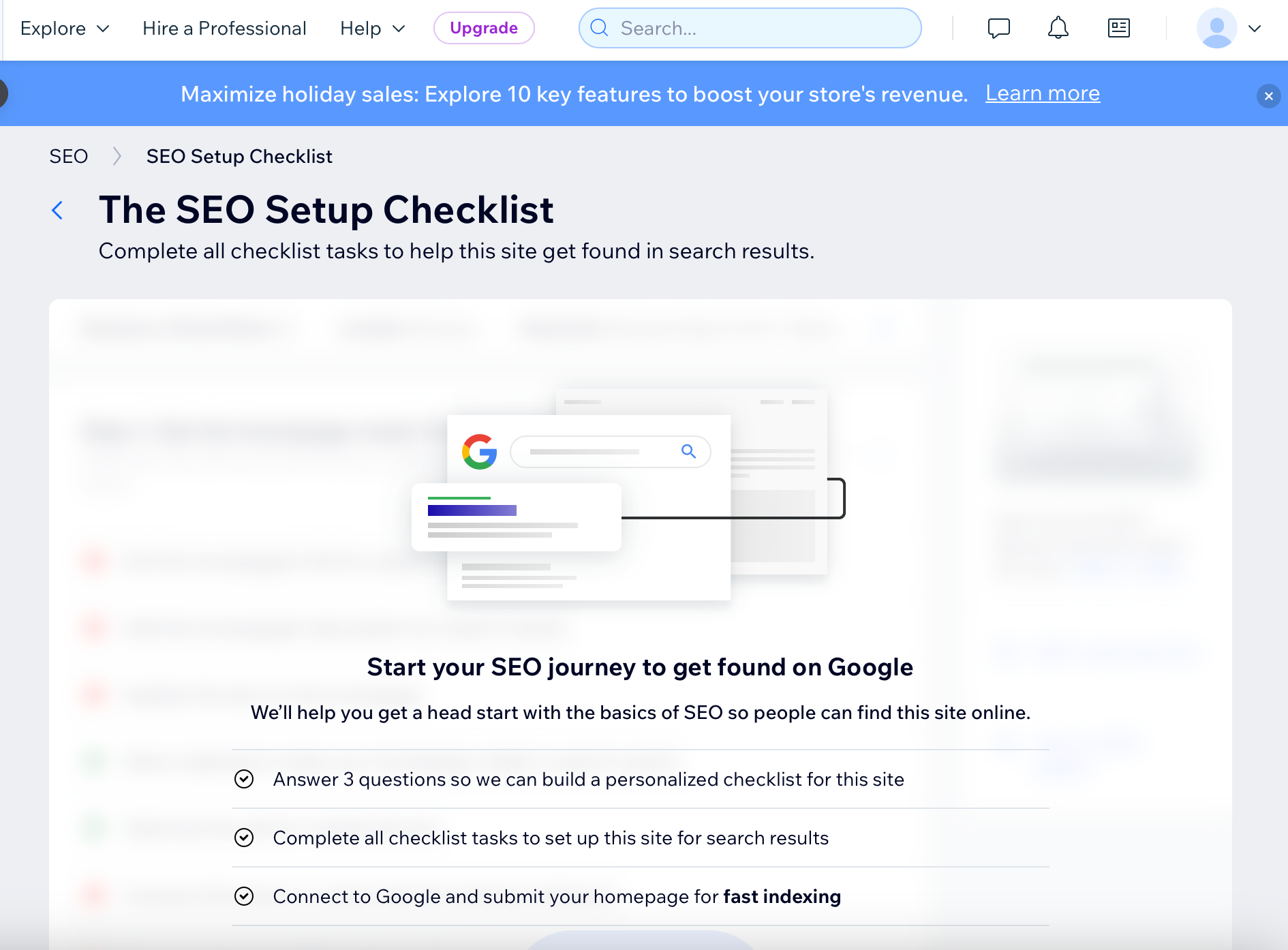 Wix SEO Setup Checklist screenshot for All About Cookies Wix review
