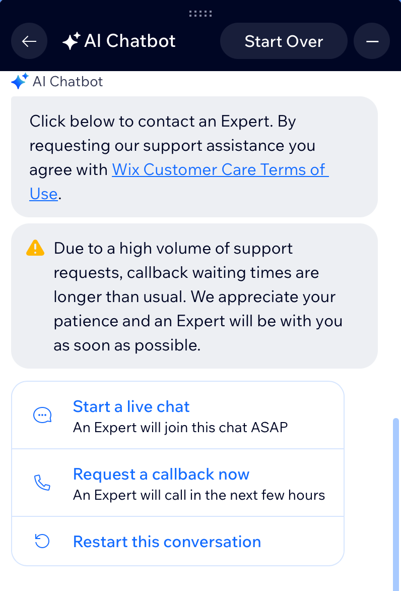 Wix Customer Care support options screenshot for All About Cookies Wix review