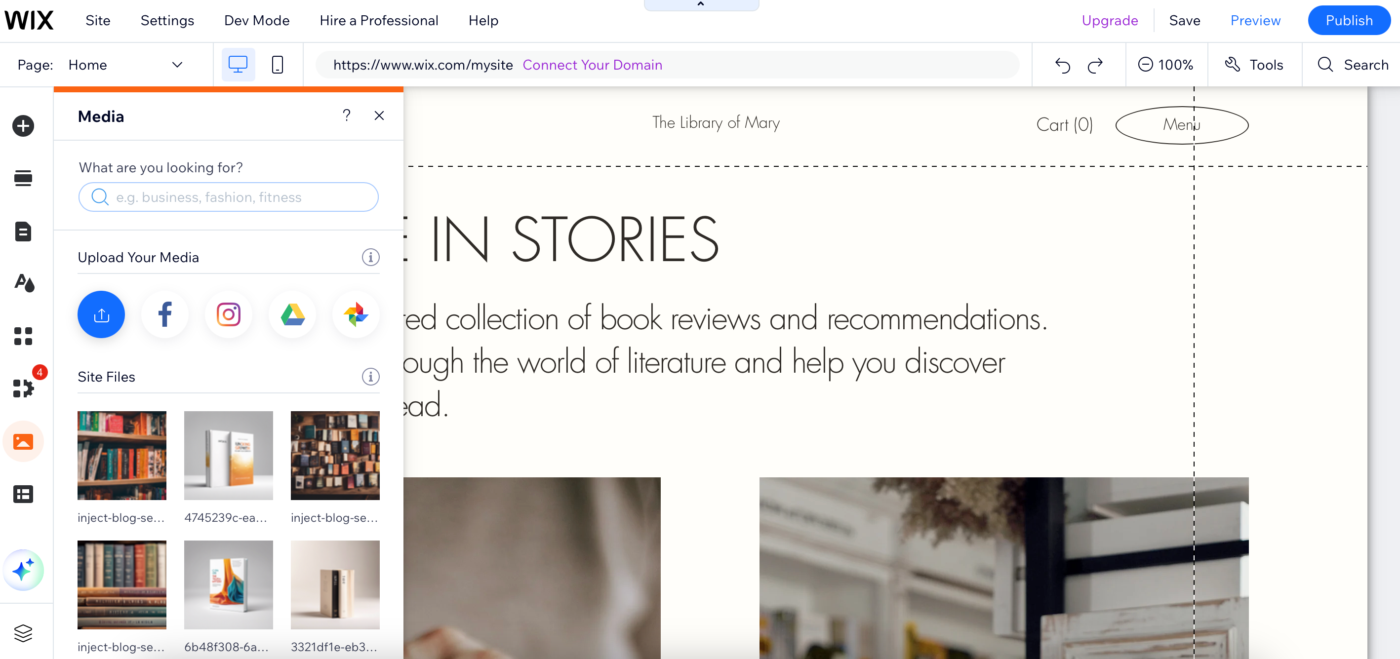 Wix media menu screenshot for All About Cookies Wix review
