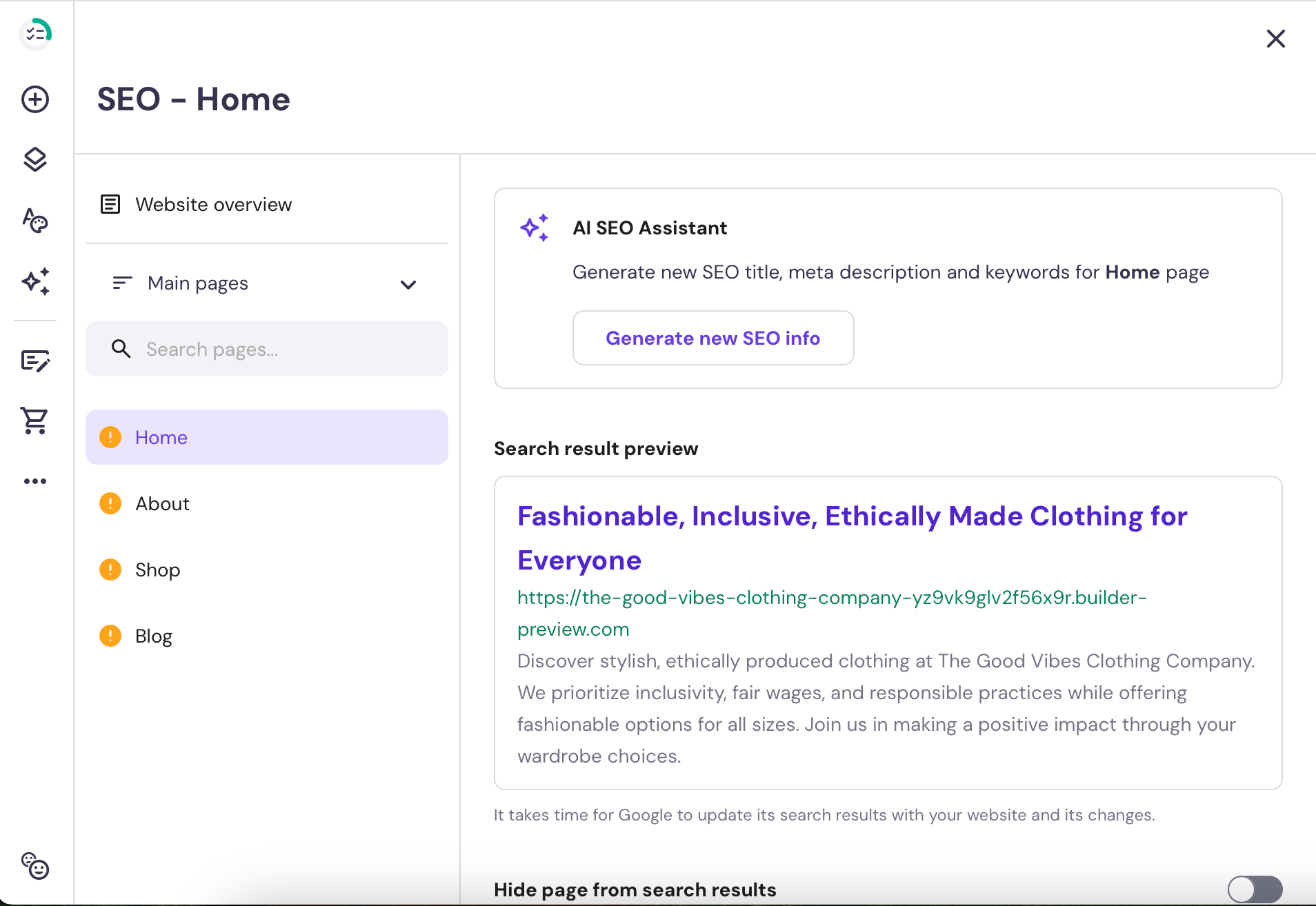 Screenshot of Hostinger SEO Home for All About Cookies test website