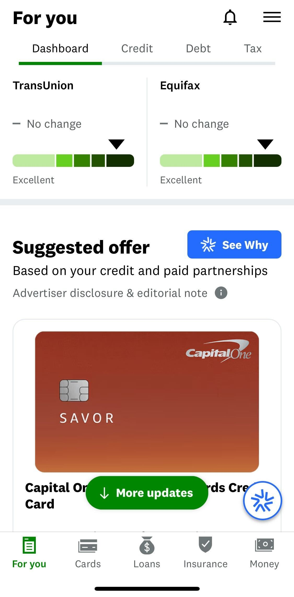Credit Karma mobile app main page