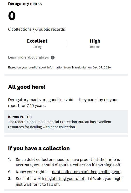 Credit Karma break down discussing derogatory marks