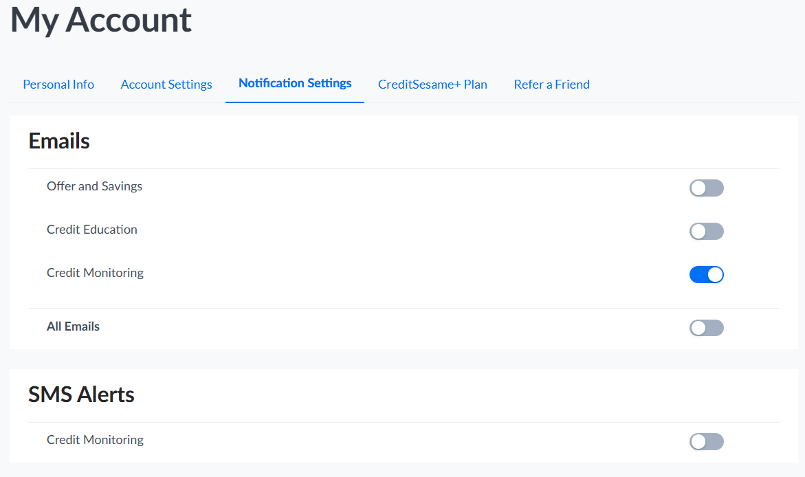 Credit Sesame Notification Settings tab
