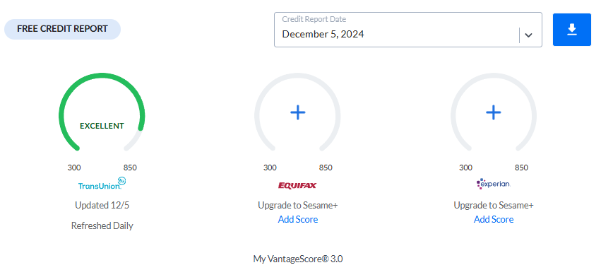 Credit Sesame credit report tab under credit scores section