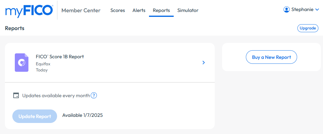 myFICO dashboard open on reports tab