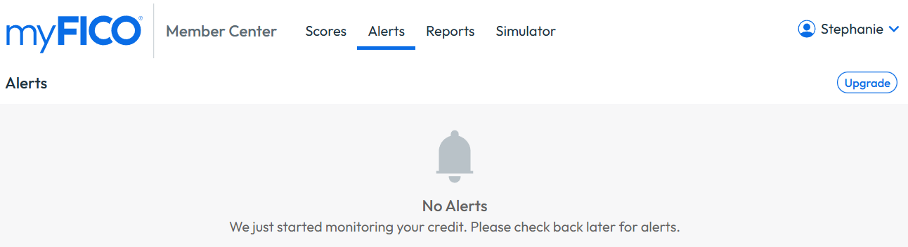 myFICO dashboard open on alerts tab