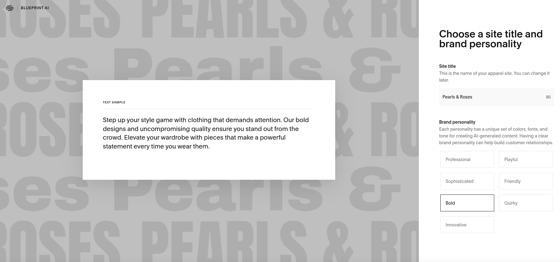 Squarespace website choose a site title and brand personality page.