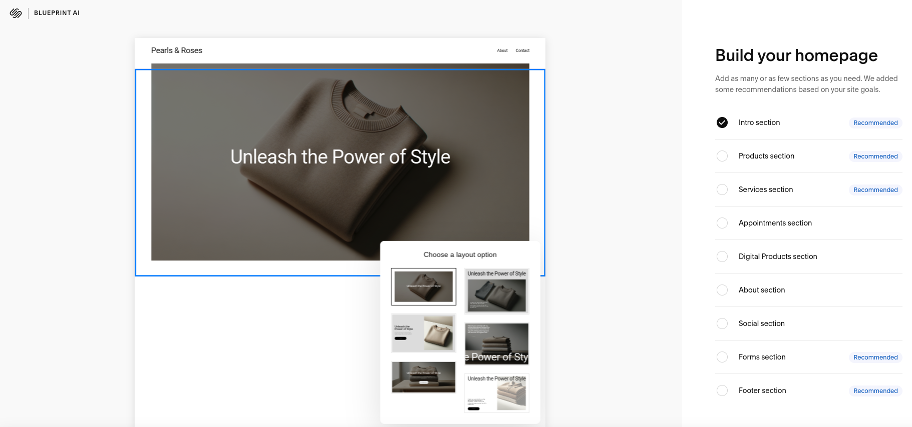 Squarespace build your homepage site with the text "Unleash the Power of Style" in front of a sweater.