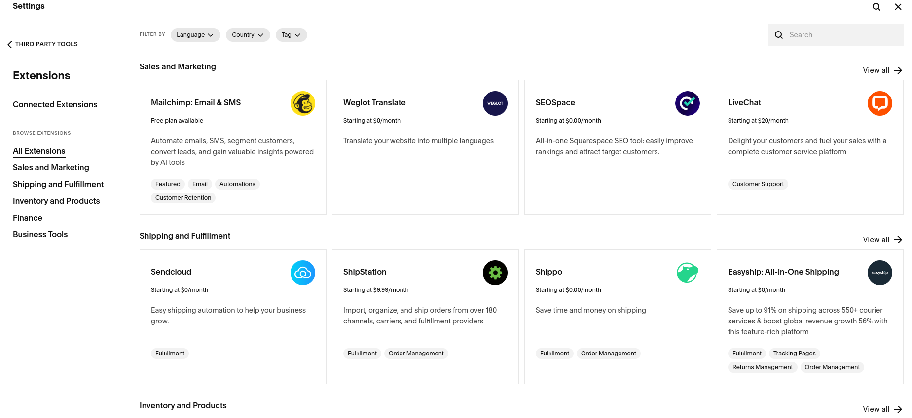 Squarespace extensions pages, featuring sales and marketing and shipping and fulfillment extensions.