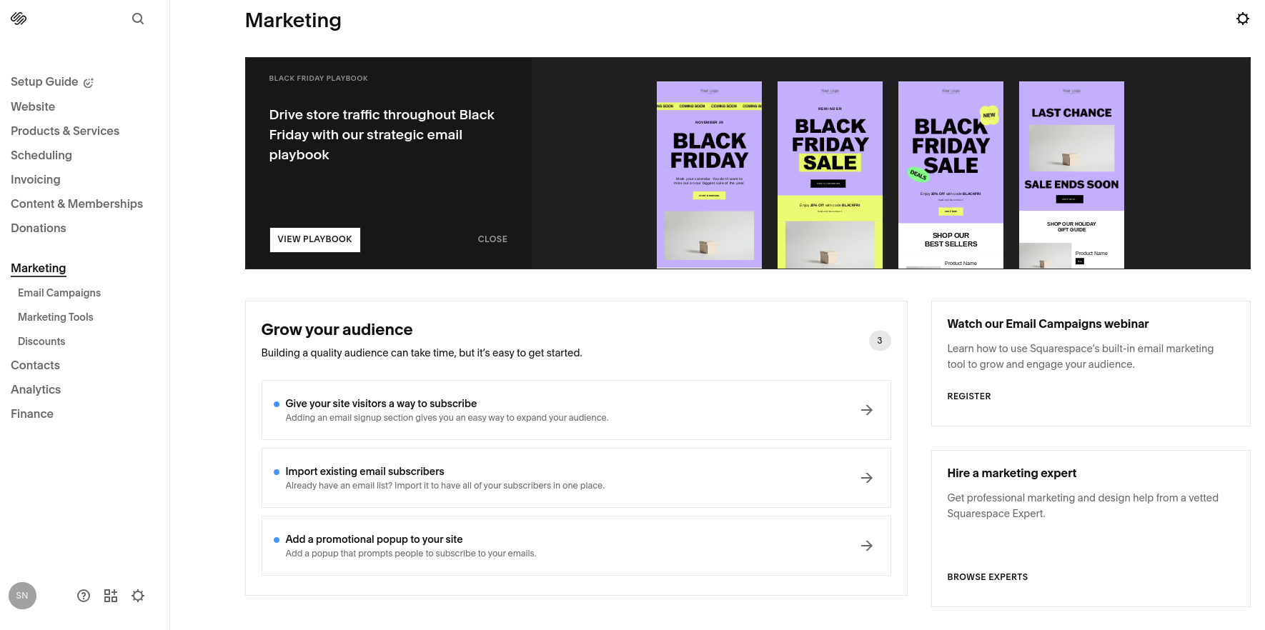 Squarespace grow your audience marketing section.