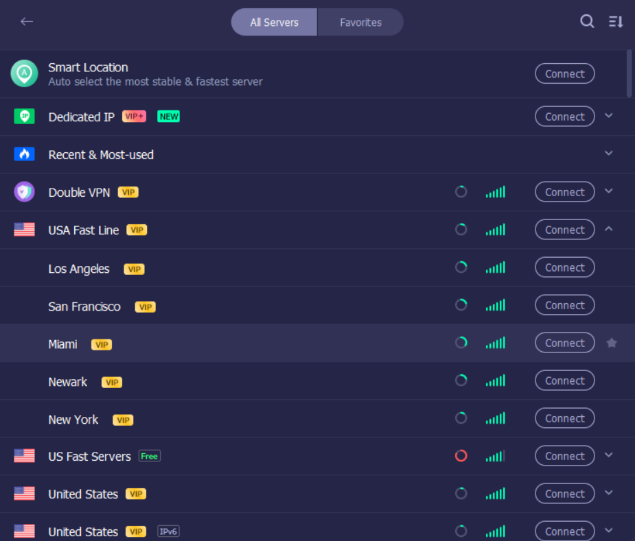 iTop VPN app open on the all servers tab