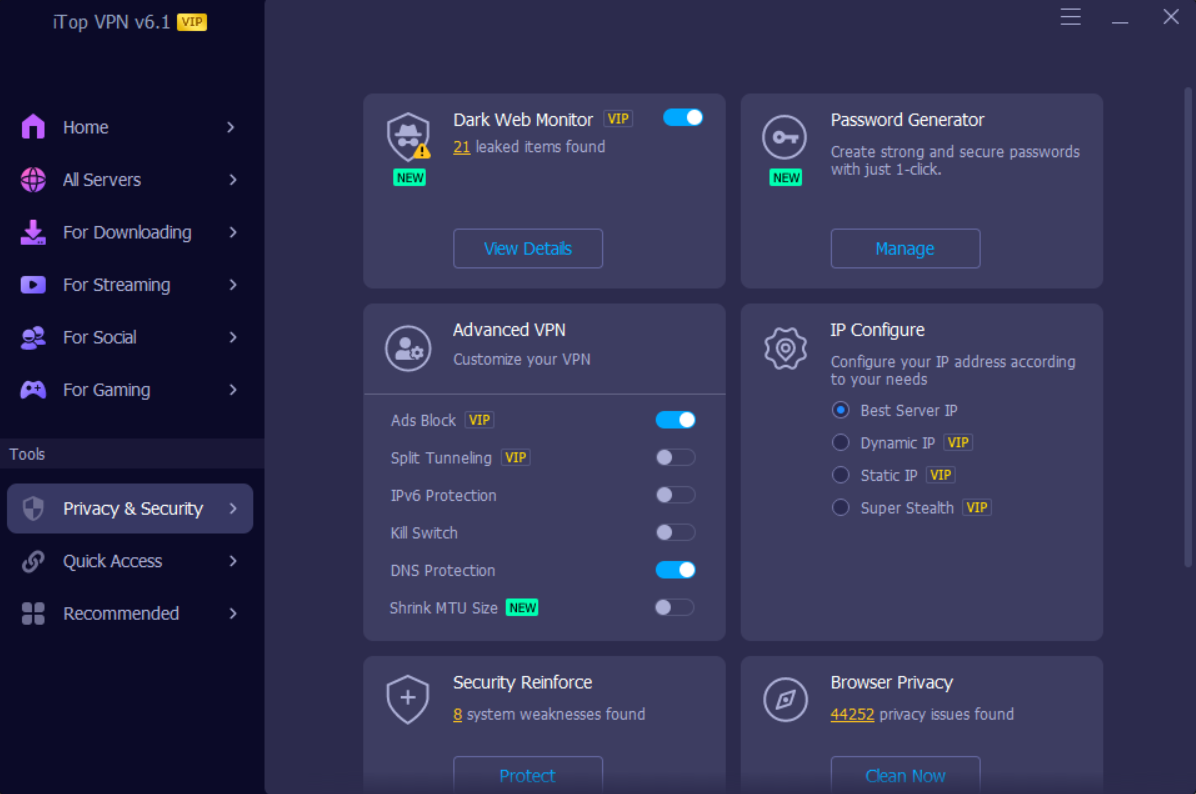 iTop VPN app open on the Privacy & Security tab