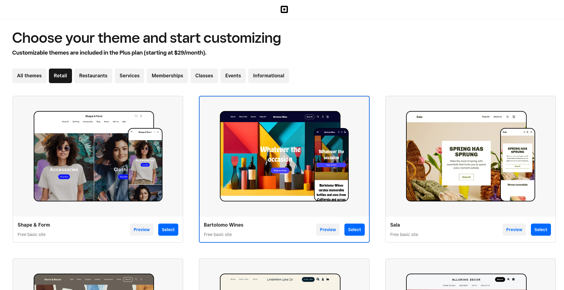 Square online choose your theme and start customizing page.
