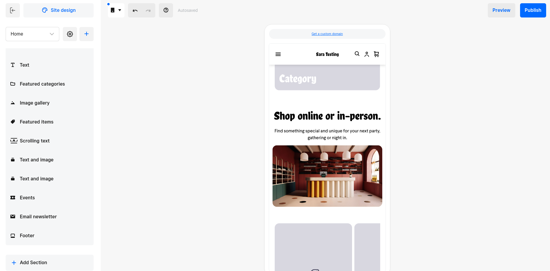 Square Online mobile site design editor. 