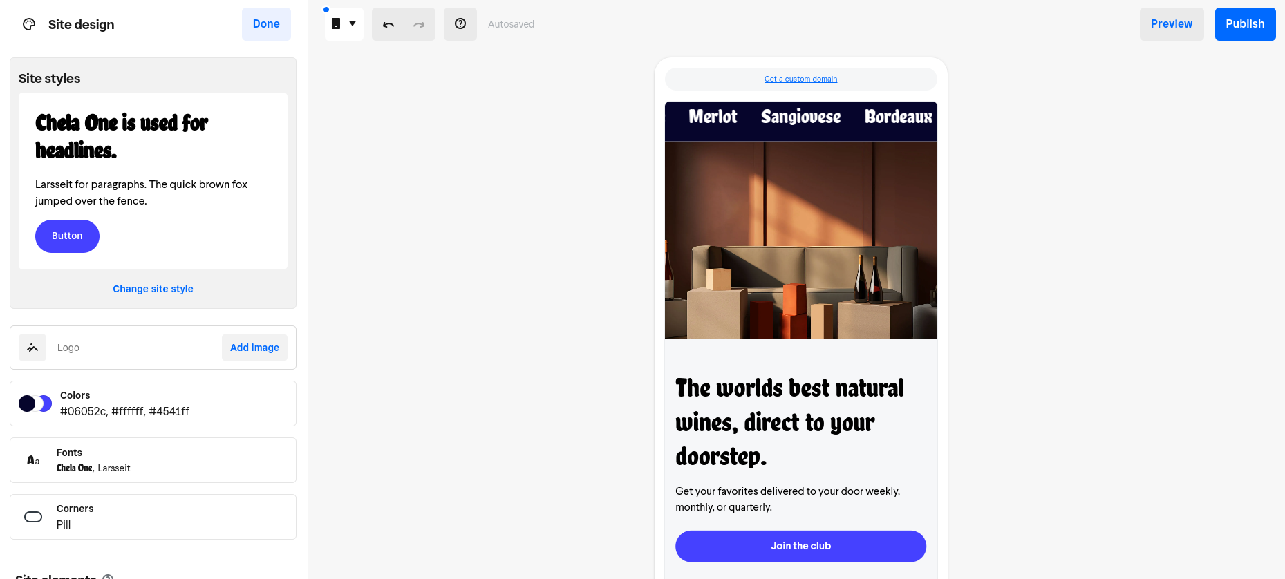Square Online mobile site design editor. 