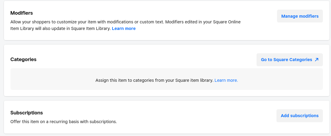 Square Online customization options for modifiers, subscriptions, and categories.