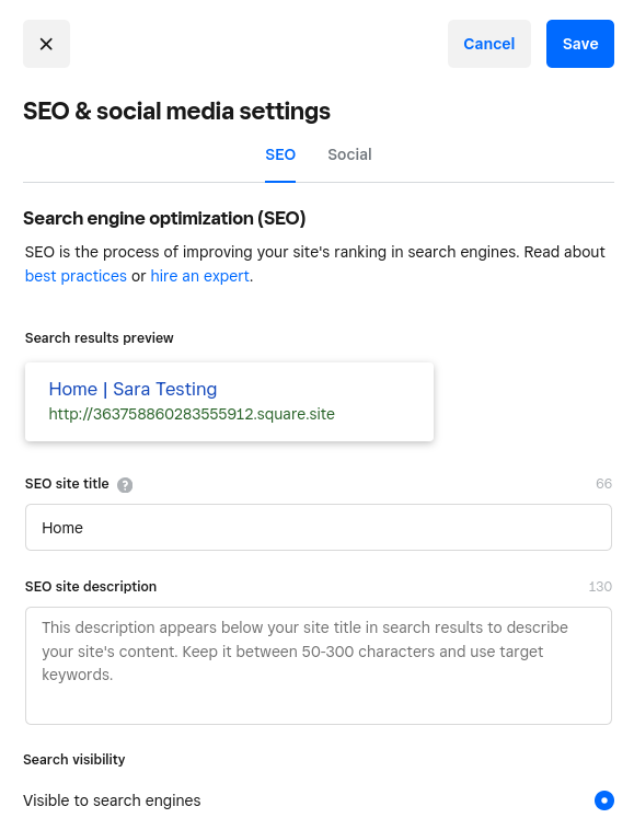 SEO and social media testing for Sara's test website on Square Online.