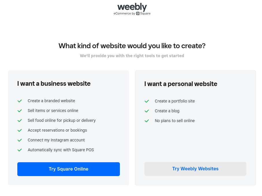Square Online set up page with the option to choose a business or personal website.