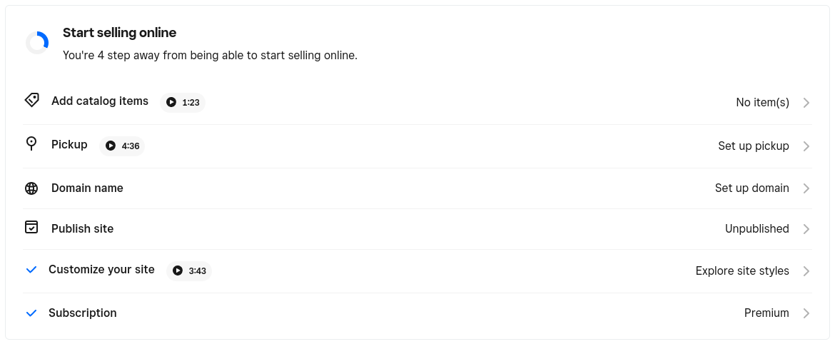 Square Online start selling checklist.