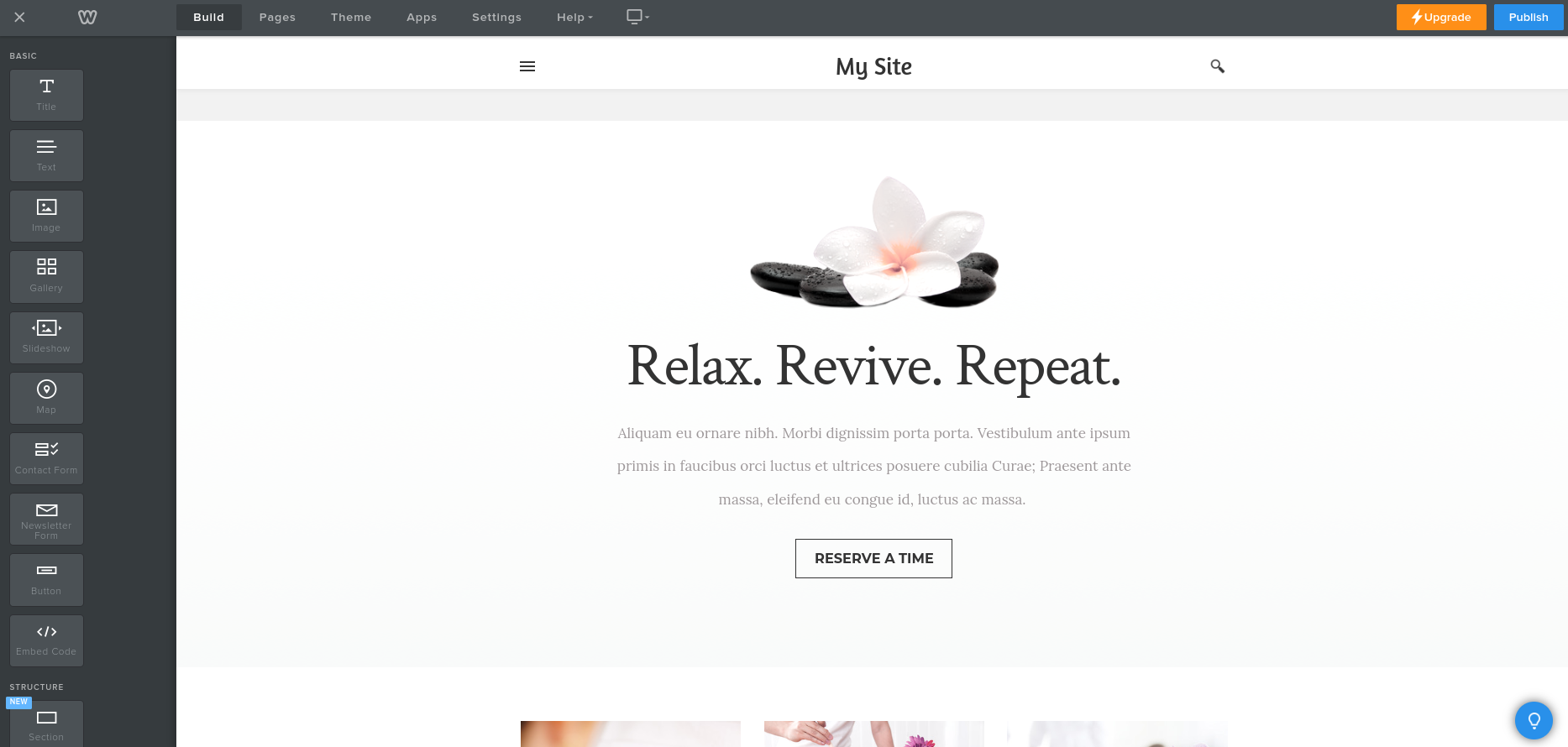 Square Online web builder with the text "Relax. Revive. Repeat". 