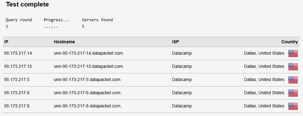 DNS leak test results showing Dallas IP addresses