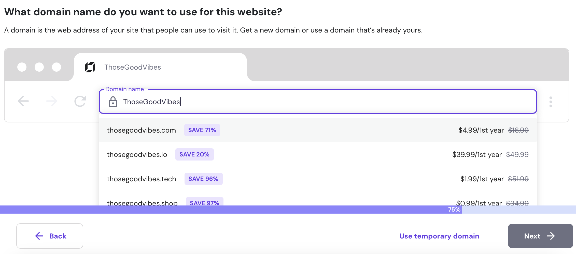 Hostinger sample domains and prices for All About Cookies test website