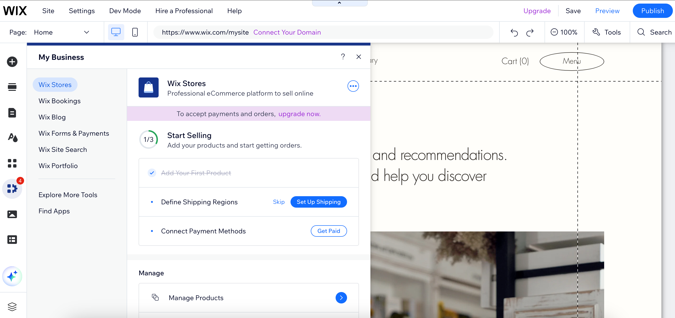 Wix business tools menu for All About Cookies test website