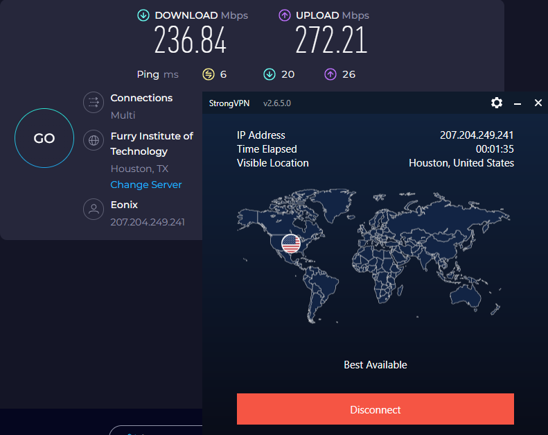 Speed test results for StrongVPN w hile connected to a server in Houston (236.84 download, 272.21 upload, 6 latency)
