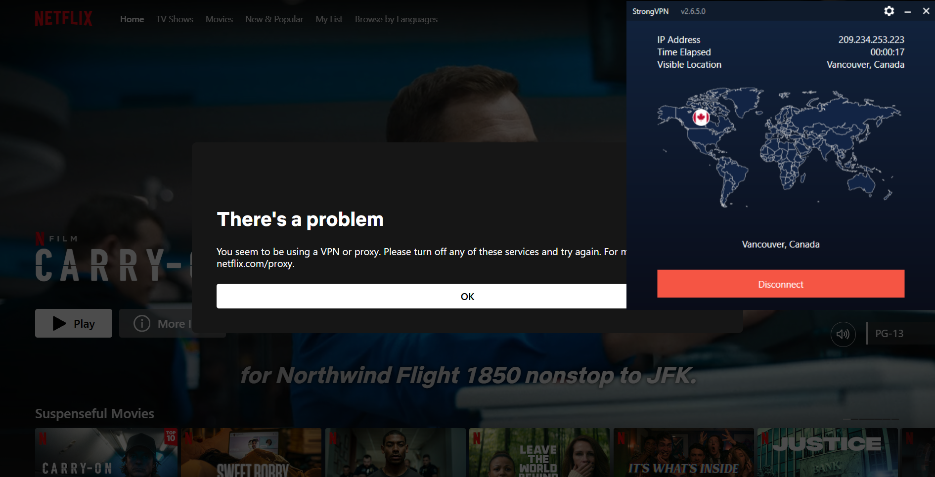 A Netflix error page flagging a VPN with StrongVPN in the foreground