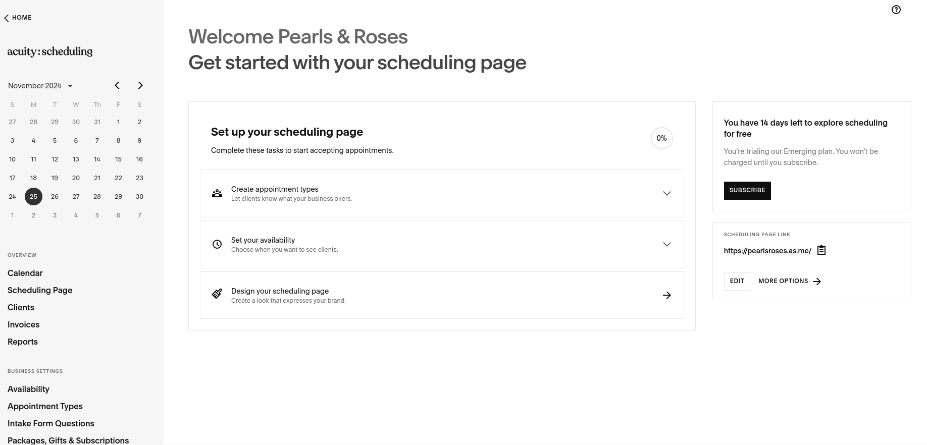 Squarespace scheduling page for All About Cookies test website