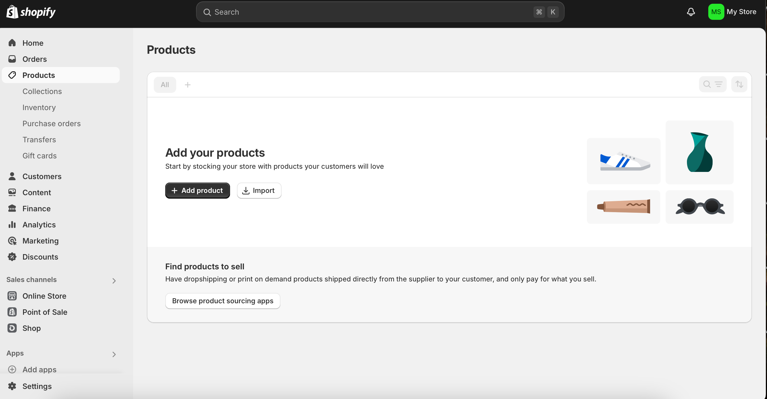 Shopify products dashboard for All About Cookies test website