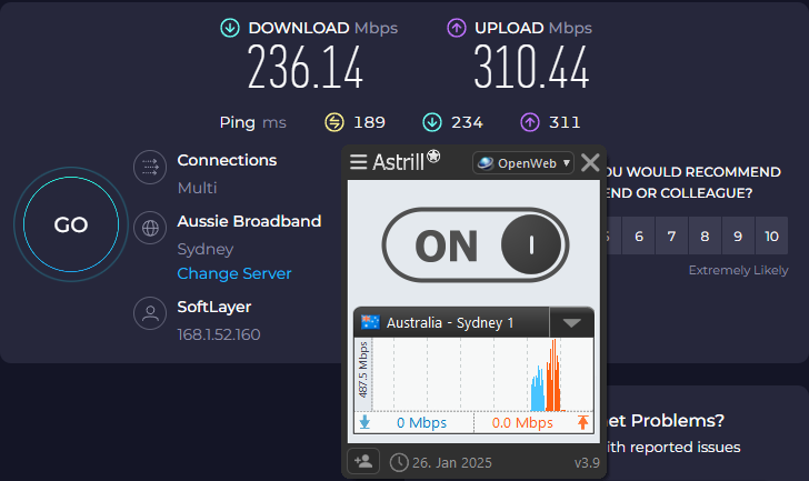 Speed test results for Astrill VPN while connected to a server in Sydney (236.14 download, 310.44 upload, 189 latency)