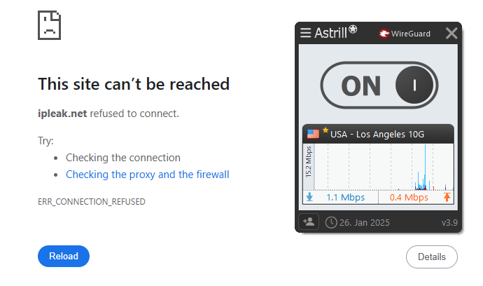 This site can't be reached error with Astrill VPN in the foreground