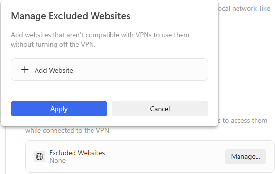 DuckDuckGo pop-up to manage excluded websites for VPN usage. 