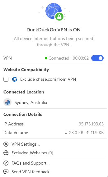 DuckDuckGo VPN drop-down, showing server connection to Australia. 