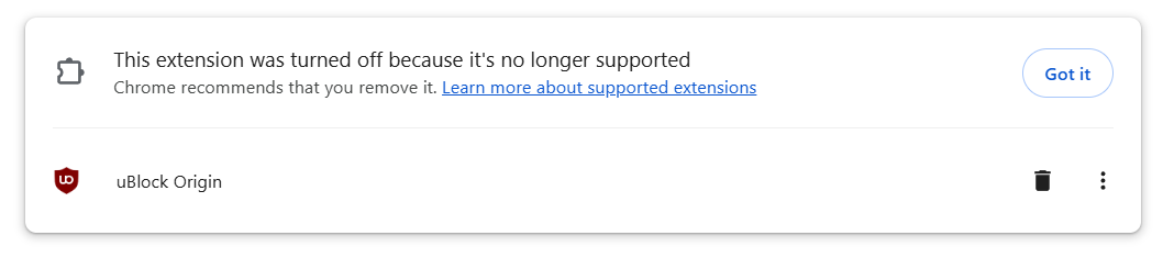 Notice from Google Chrome Webstore that uBlock Origin extension is no longer supported